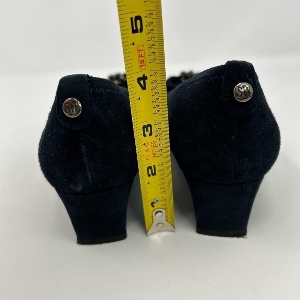 Stuart Weitzman Navy Blue Leather Wedges Size 8 ** with Ribbon Chain Toe Detail - Picture 11 of 14